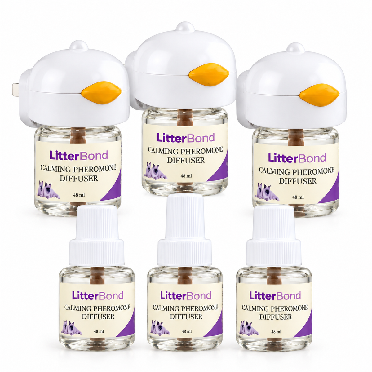 LitterBond Calming Diffuser 3-Room Kit 3 diffusers + 6 refills on white background