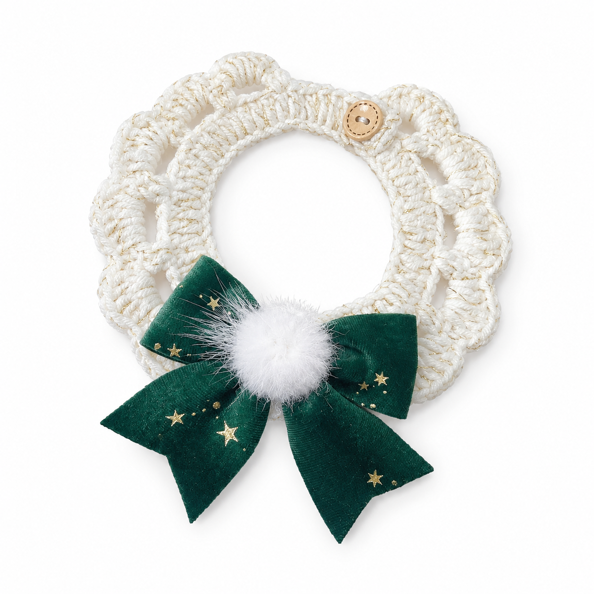 Star-Print Bow Button Collar - Forest Green Bow