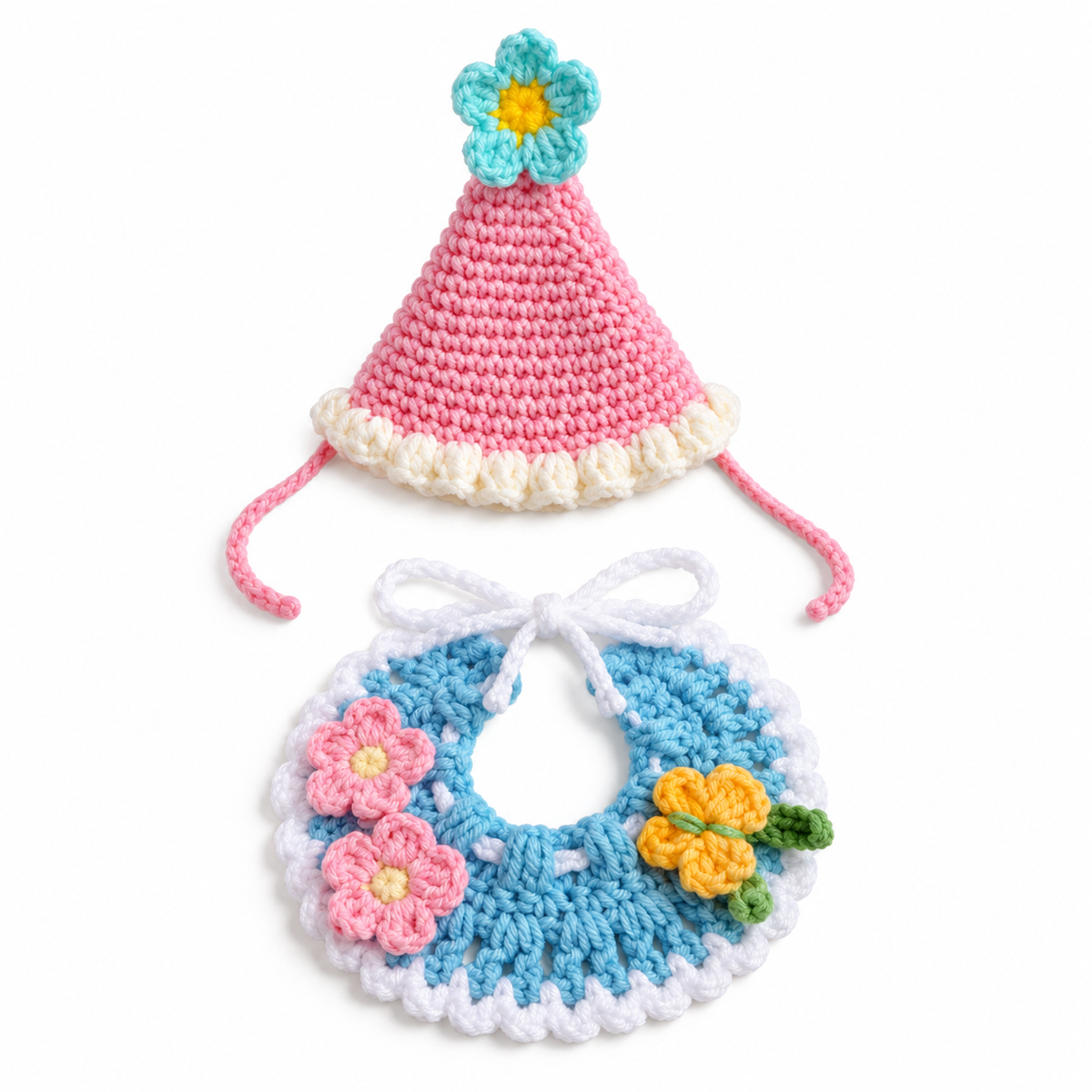Flower Party Hat & Collar Options - Pink Hat & Blue Garden Set