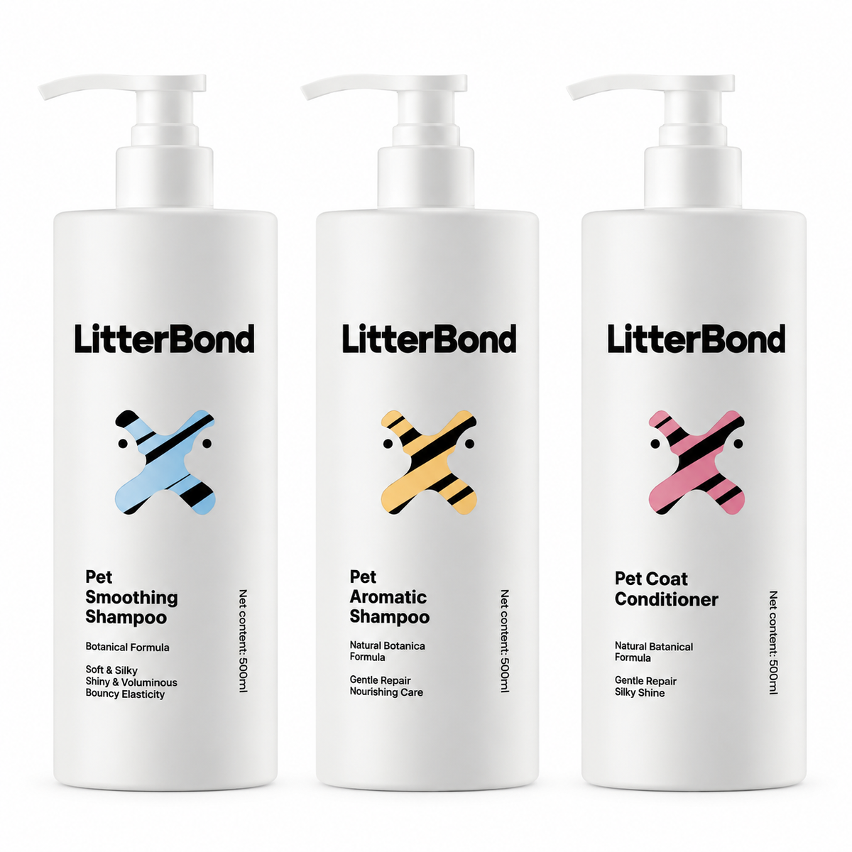 LitterBond Shampoo & Conditioner 500 ml 3 types on white background