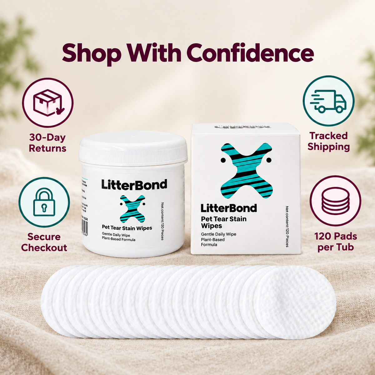 LitterBond Tear Stain Wipes 120 ct - 30-day returns, tracked shipping, secure checkout