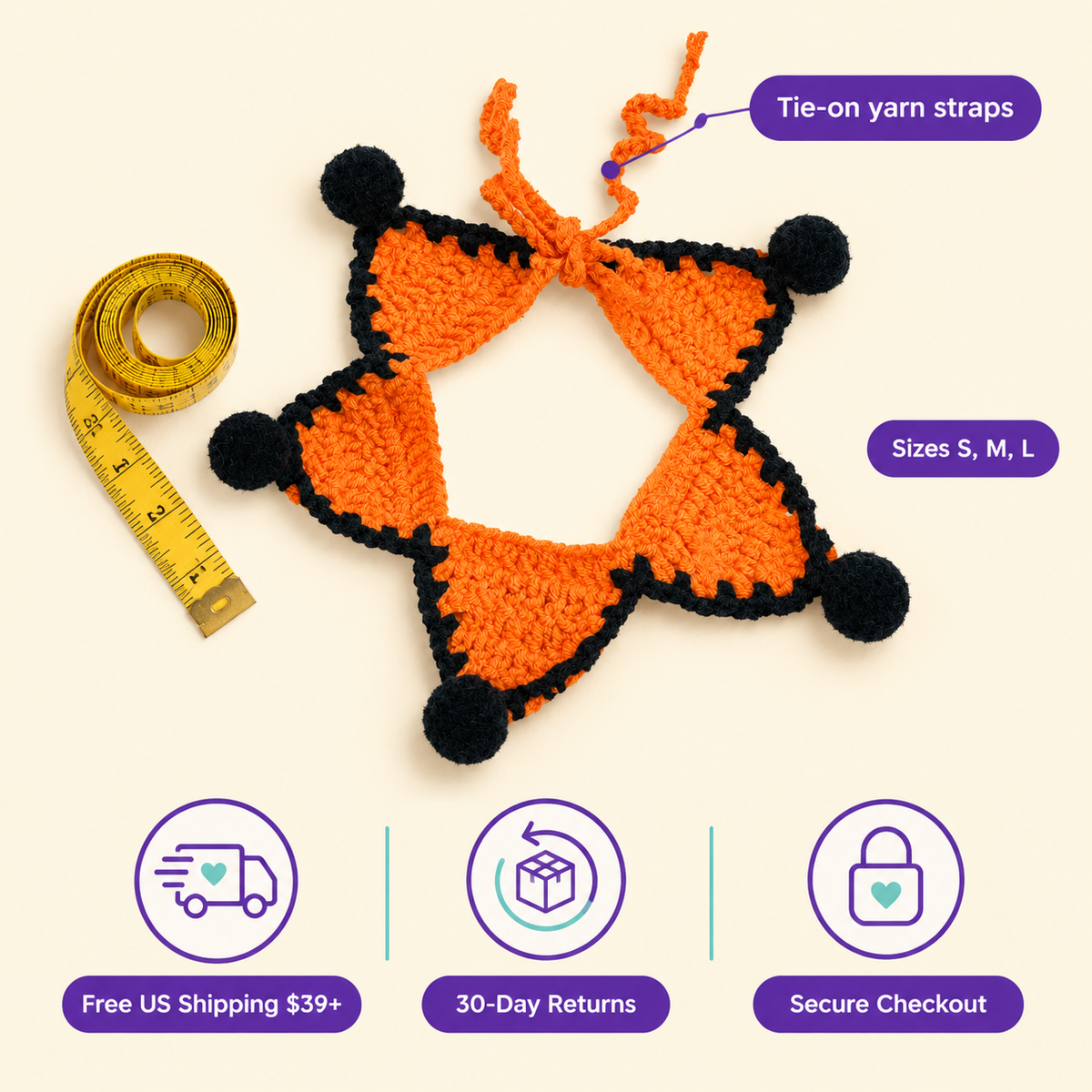 LitterBond Crochet Star Halloween Collar - size and store policies