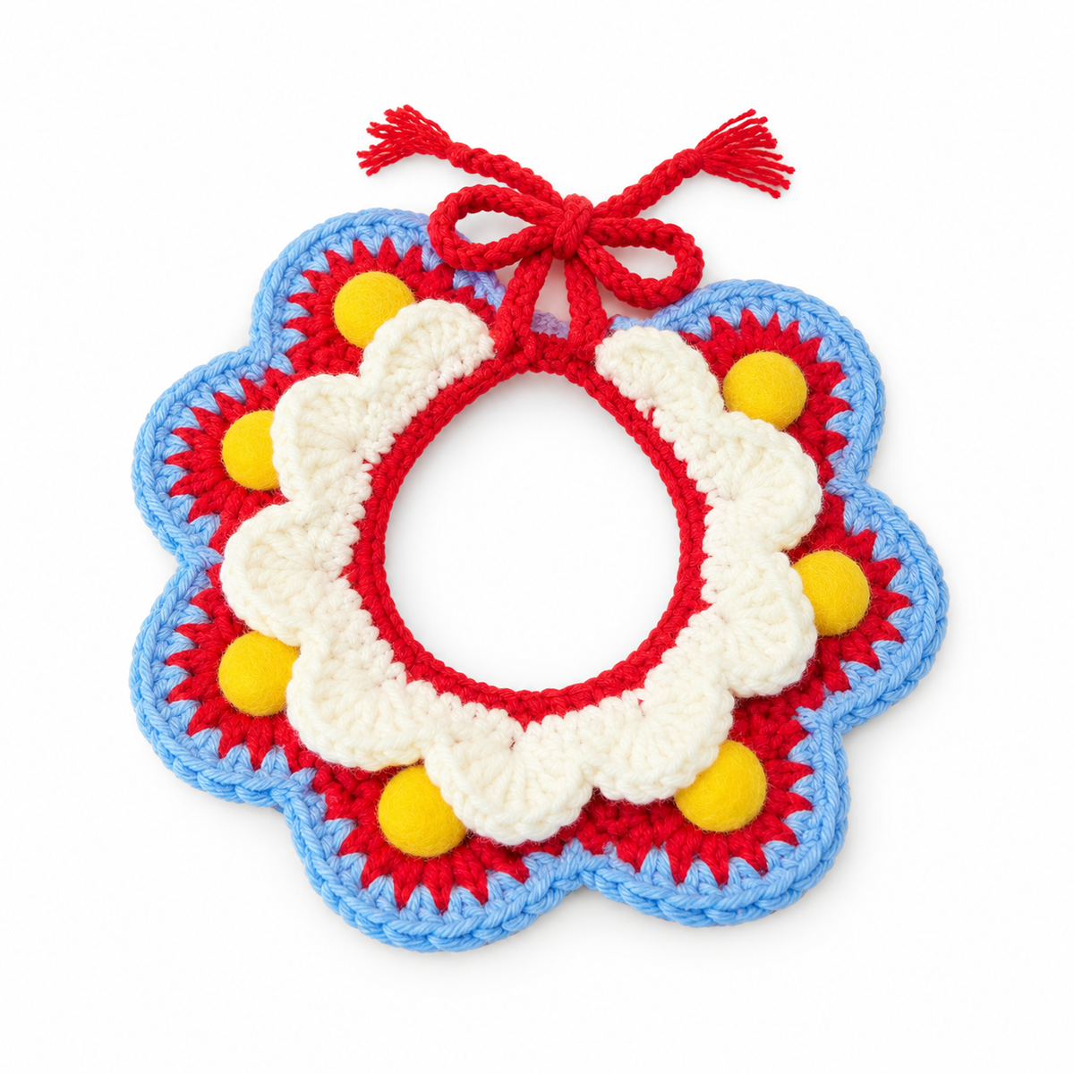 Felt Dot Ruffle Crochet Collar - Red & Sky Blue