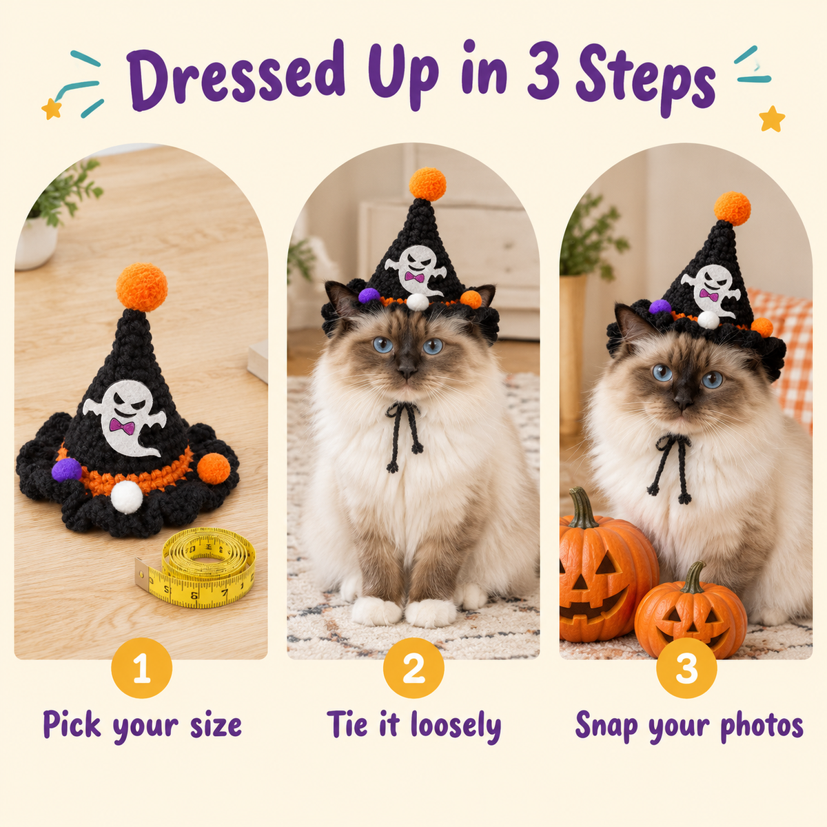 LitterBond Crochet Halloween Witch Hat - how to put it on