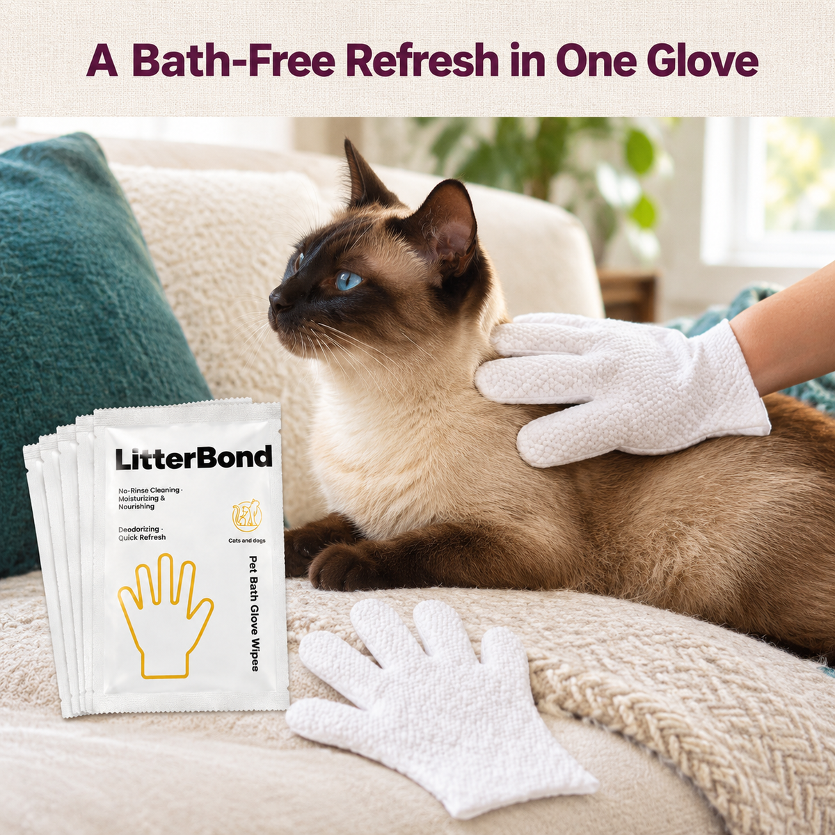 LitterBond Waterless Bath Glove Wipes 5 gloves - how it helps