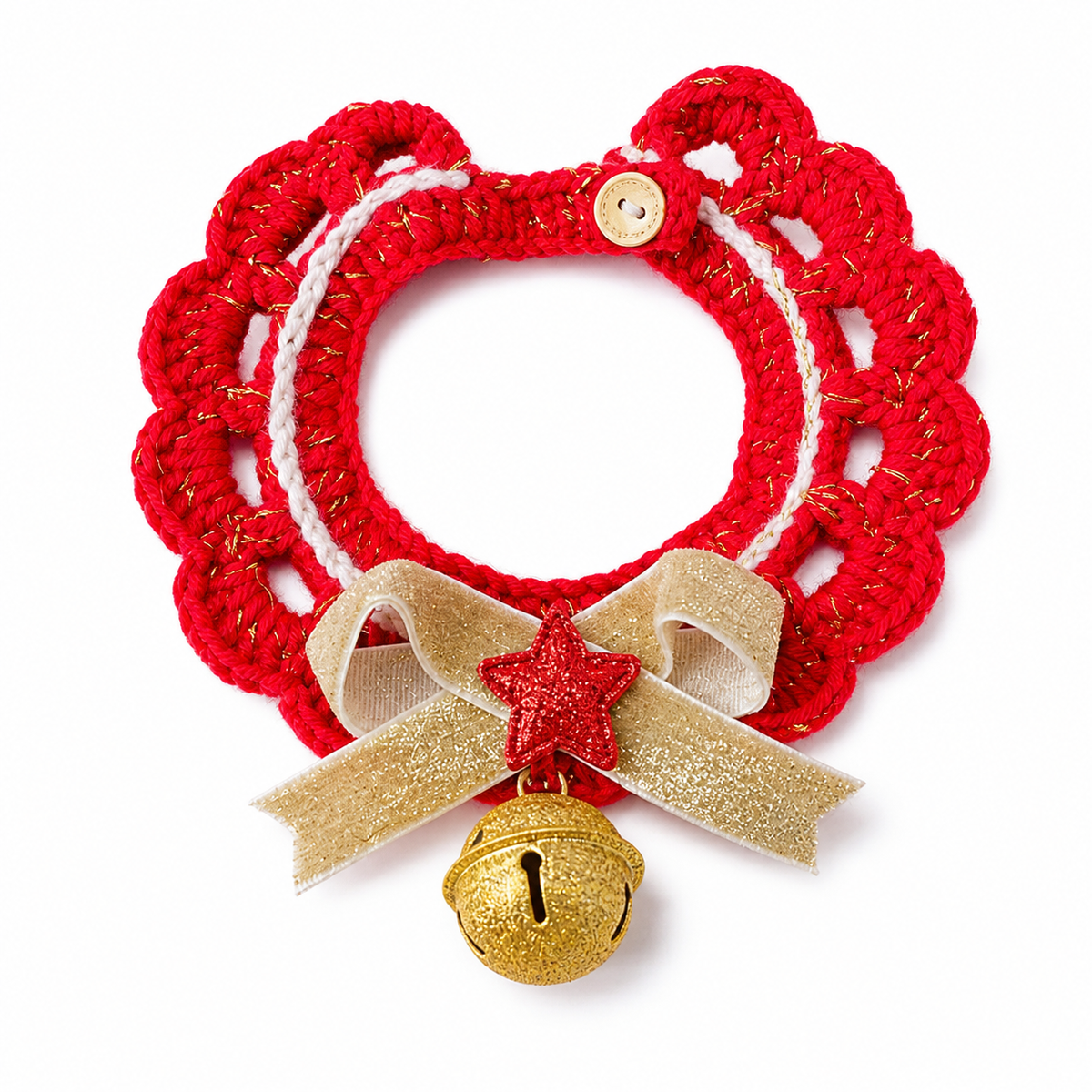 Velvet Bow Crochet Lace Collar - Red Lace, Gold Bow & Bell