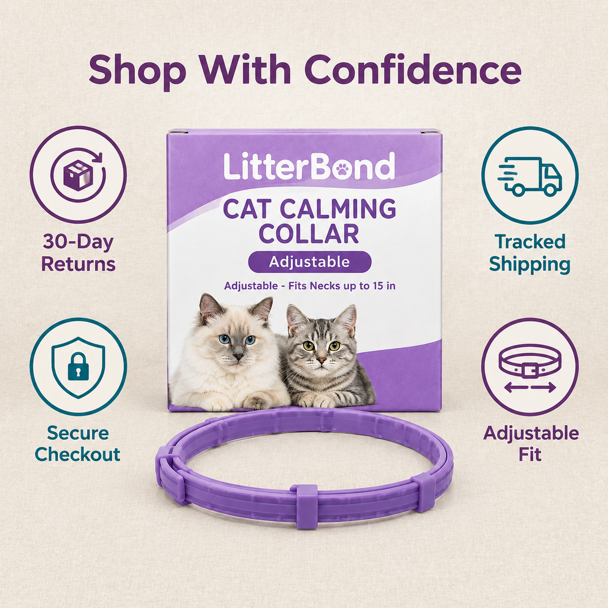 LitterBond Calming Collar adjustable - 30-day returns, tracked shipping, secure checkout