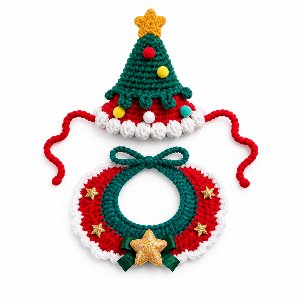 Star-Top Tree Hat & Collar Set - Red Gold Star