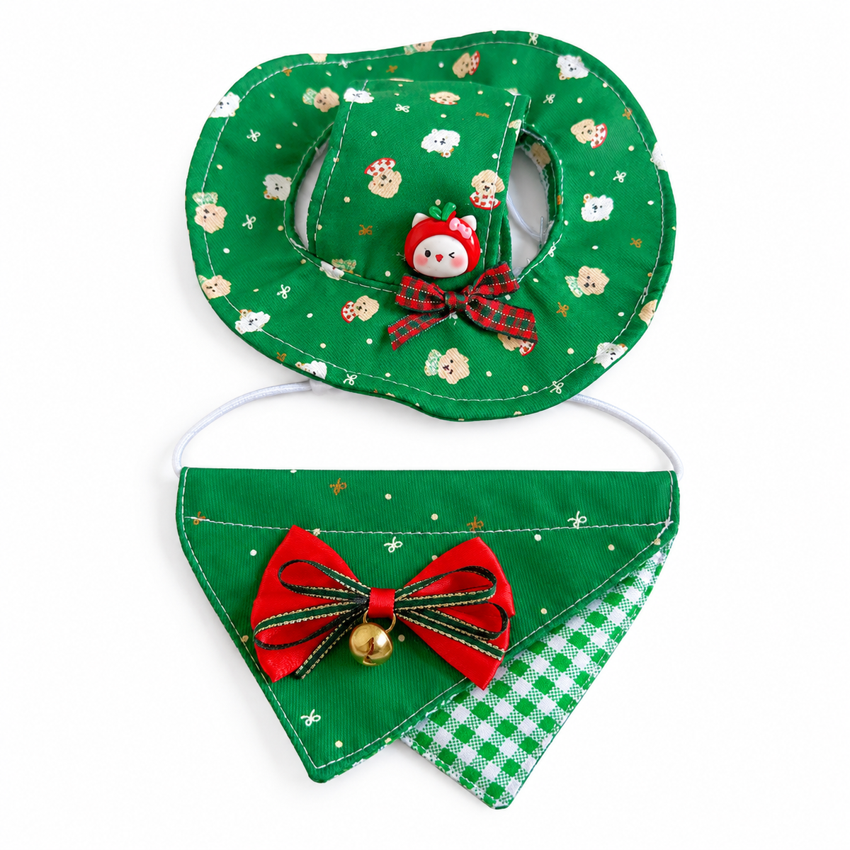 Christmas Bucket Hat & Bandana Set - Green Bell Bow Set