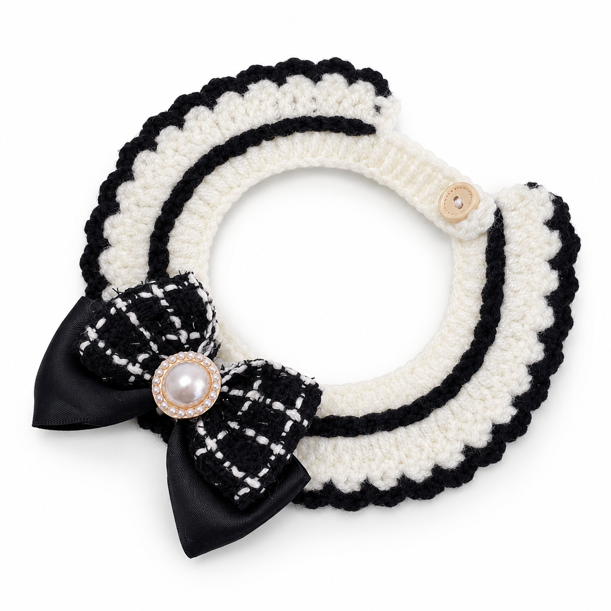 Tweed Bow Crochet Collar - Pearl Black Tweed