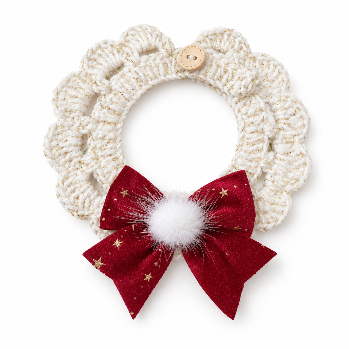 Star-Print Bow Button Collar - Wine Red Bow