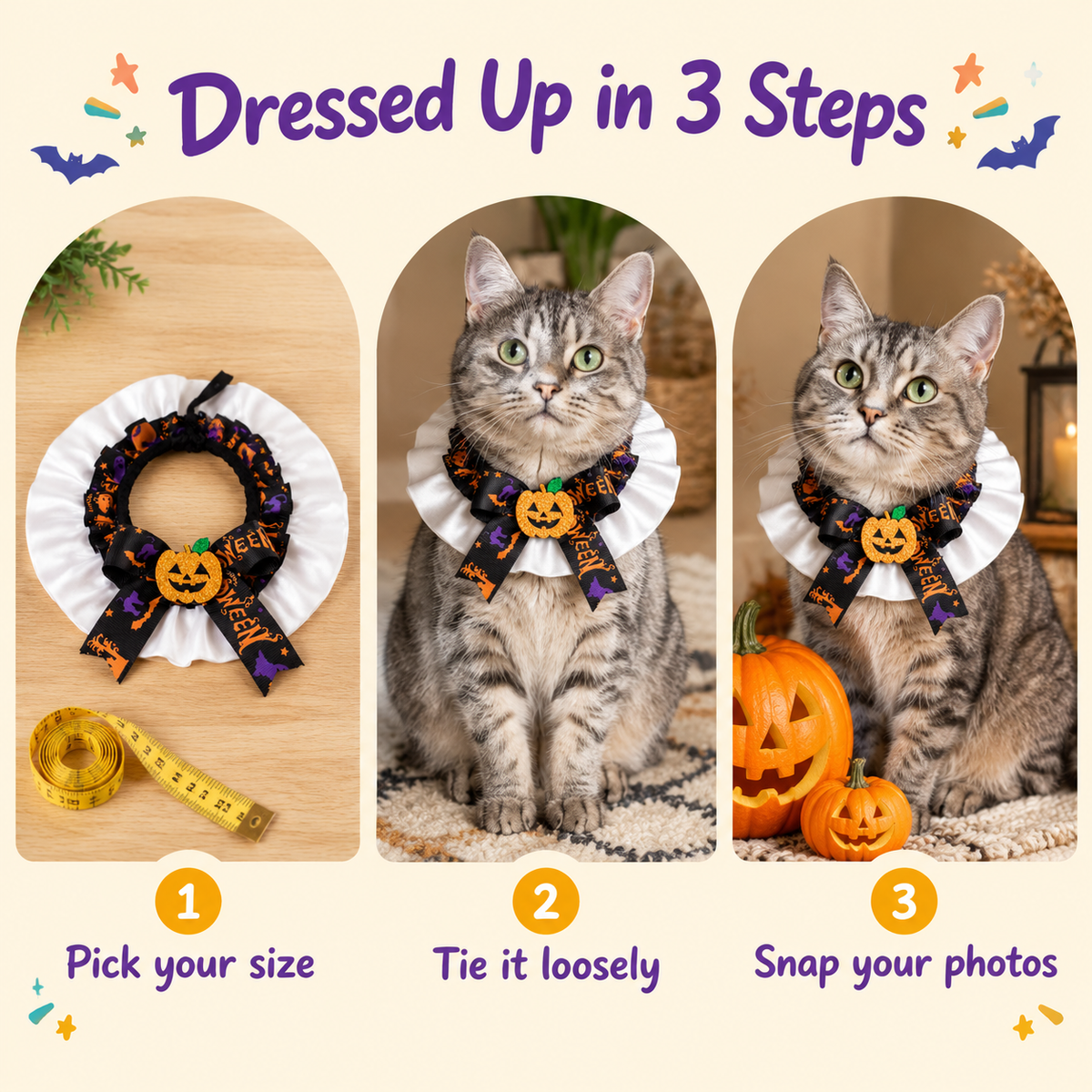 LitterBond Satin Ruffle Halloween Bow Collar - how to put it on