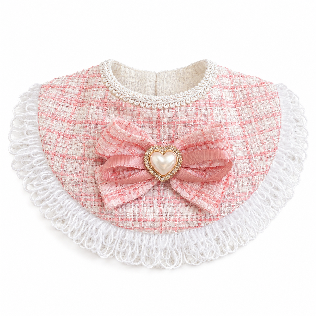 Tweed Fringe Hat & Bib Options - Pink Heart Fringe Bib