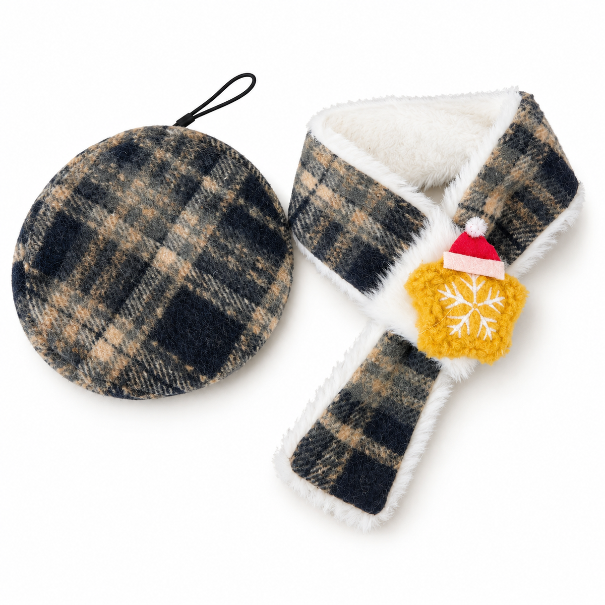 Plaid Christmas Beret & Scarf Set - Navy Plaid Snowflake