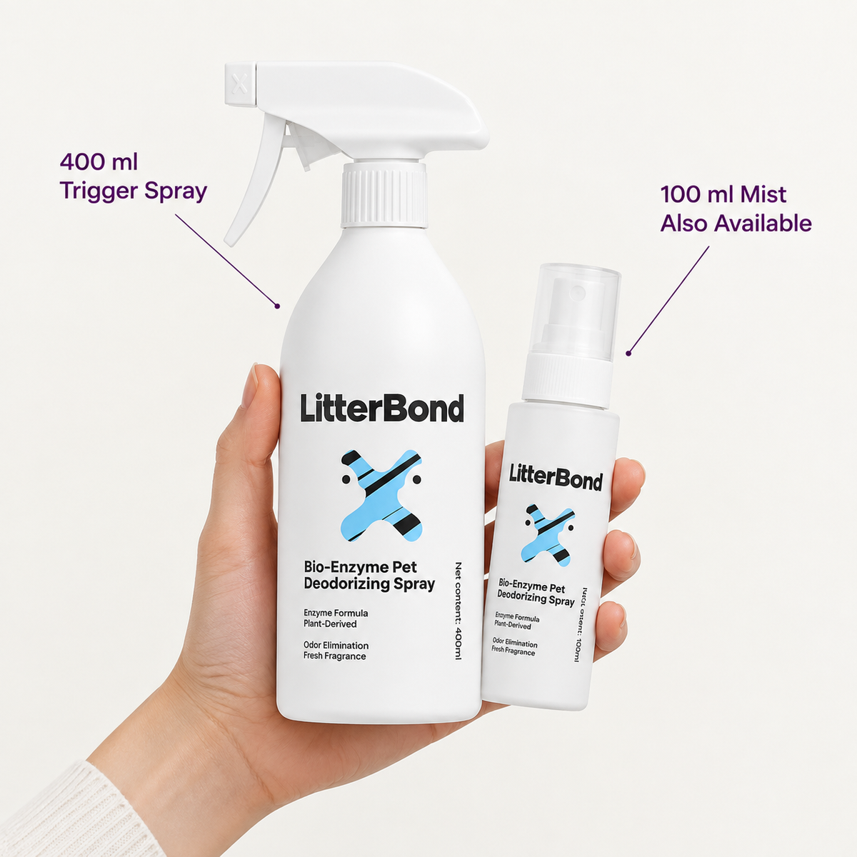 LitterBond Urine Odor Eliminator 400 ml / 100 ml - size and materials