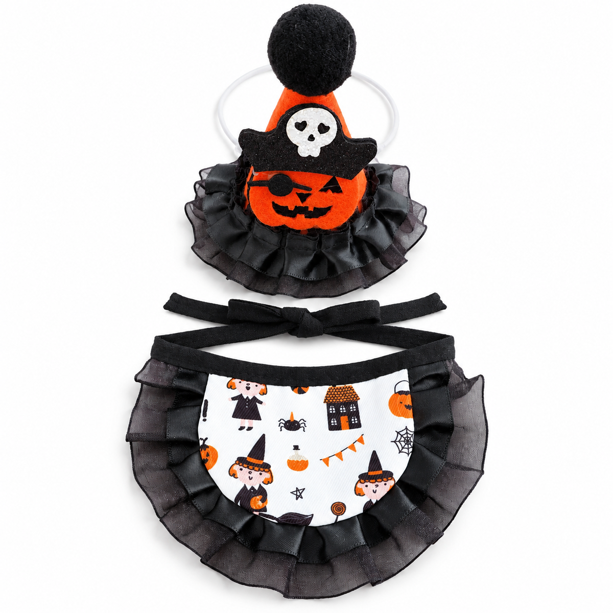 LitterBond Halloween Bib & Party Hat Set Little Witches on white background