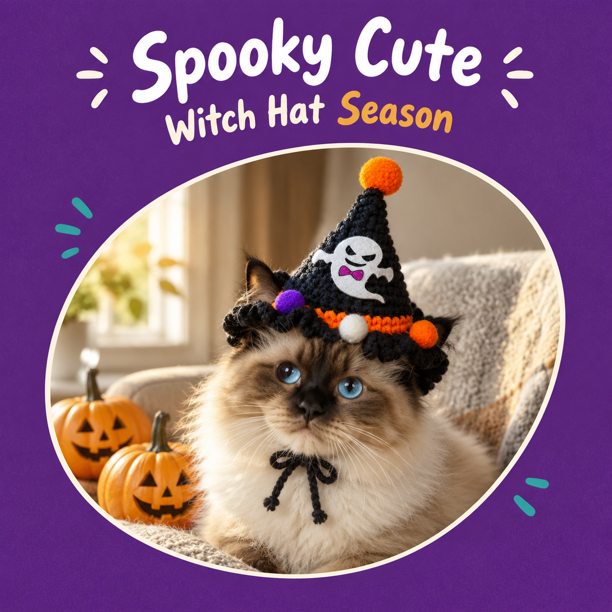 LitterBond Crochet Halloween Witch Hat - how it looks on a cat