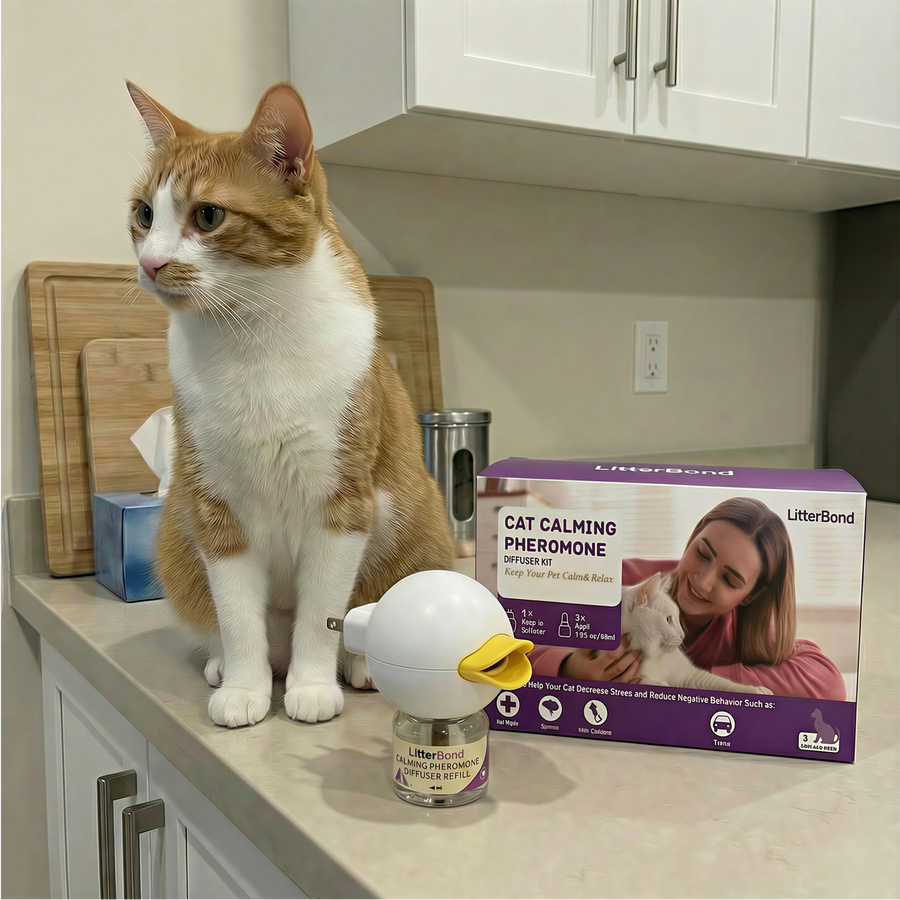 Cat sitting on a kitchen counter with LitterBox Calming Pheromone Diffuser and packaging.