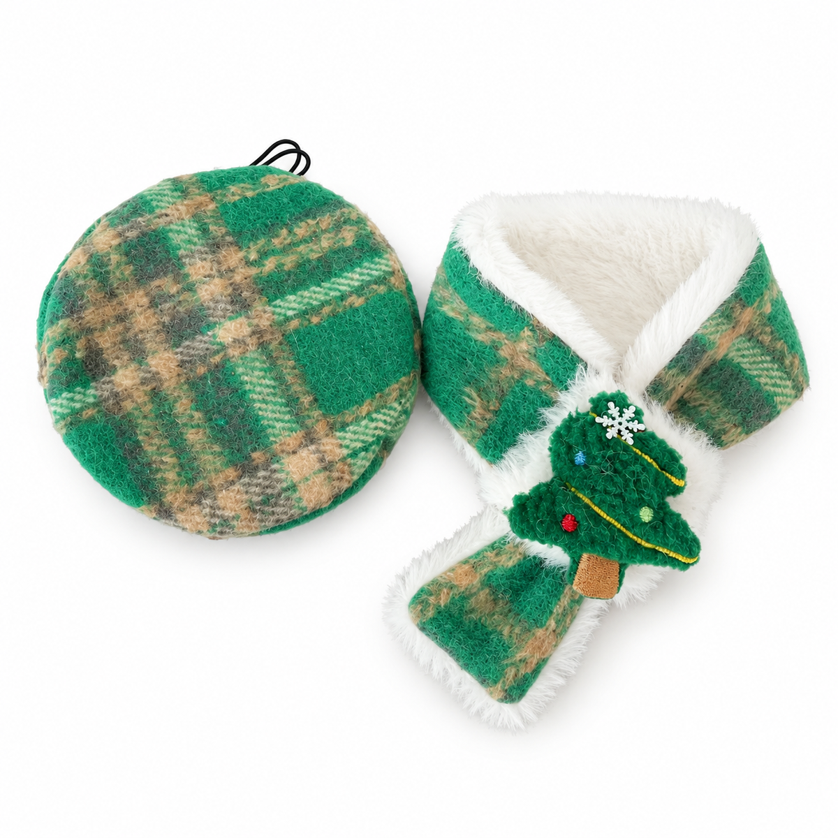 Plaid Christmas Beret & Scarf Set - Green Plaid Tree