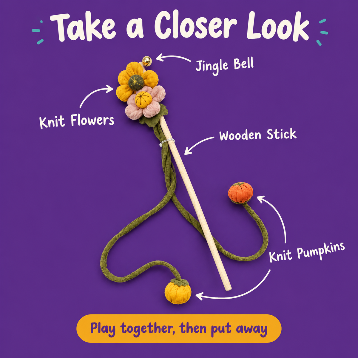 LitterBond Knit Flower & Pumpkin Wand Toy - close-up details
