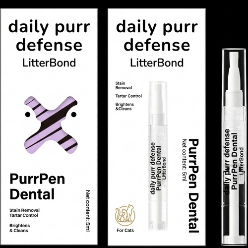 PurrPen Dental product packaging with 'daily purr defense' text on a black background