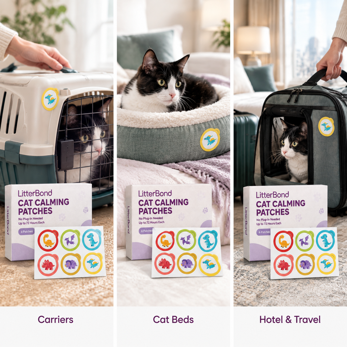 LitterBond Calming Patches 6 ct - three ways to use it
