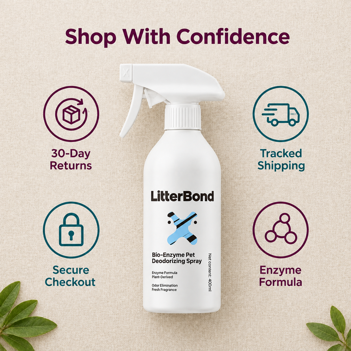 LitterBond Urine Odor Eliminator 400 ml / 100 ml - 30-day returns, tracked shipping, secure checkout