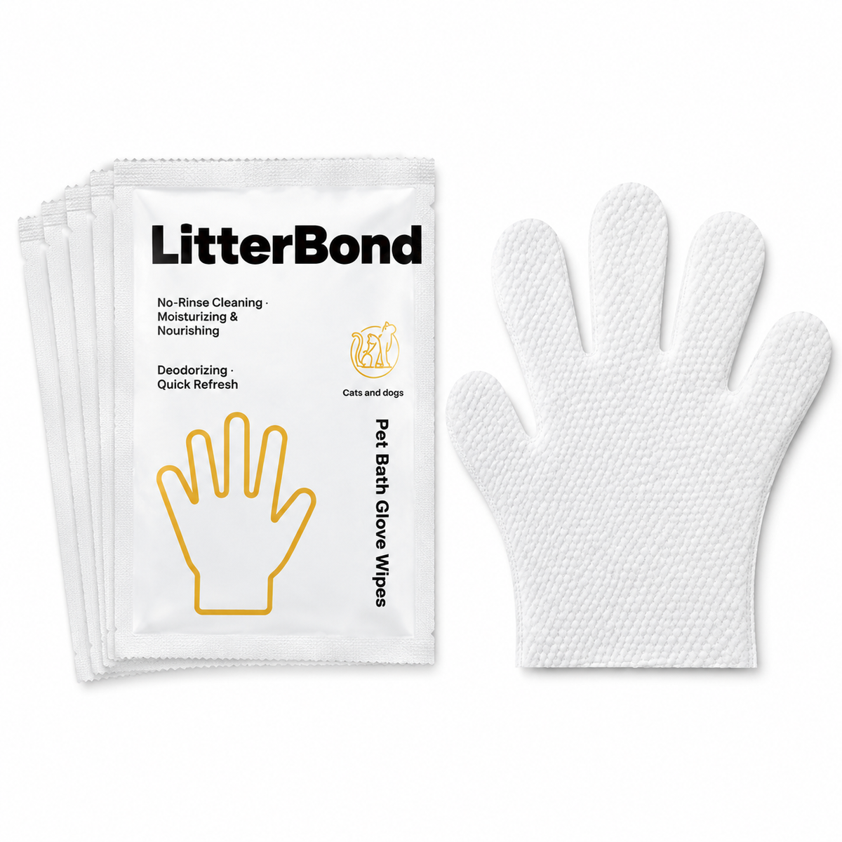 LitterBond Waterless Bath Glove Wipes 5 gloves on white background