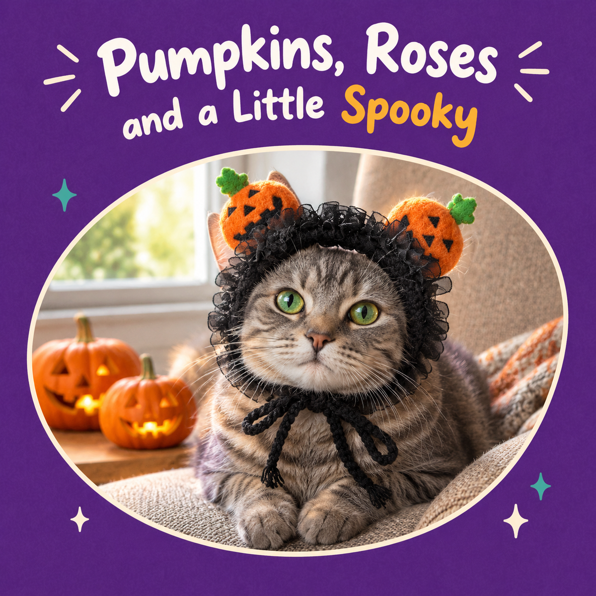 LitterBond Pumpkin & Rose Halloween Headpiece - how it looks on a cat