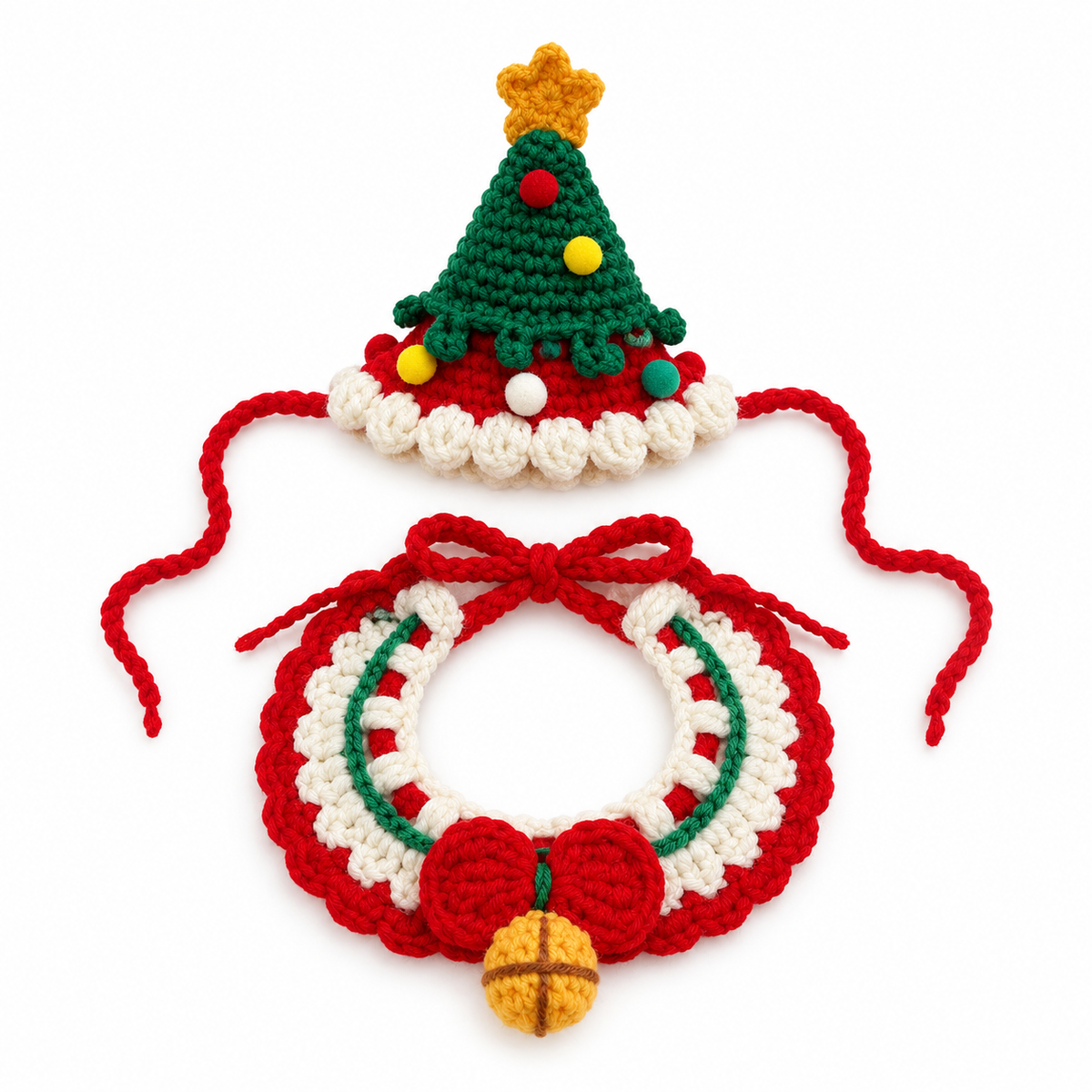 Star-Top Tree Hat & Collar Set - Red Yarn Bell