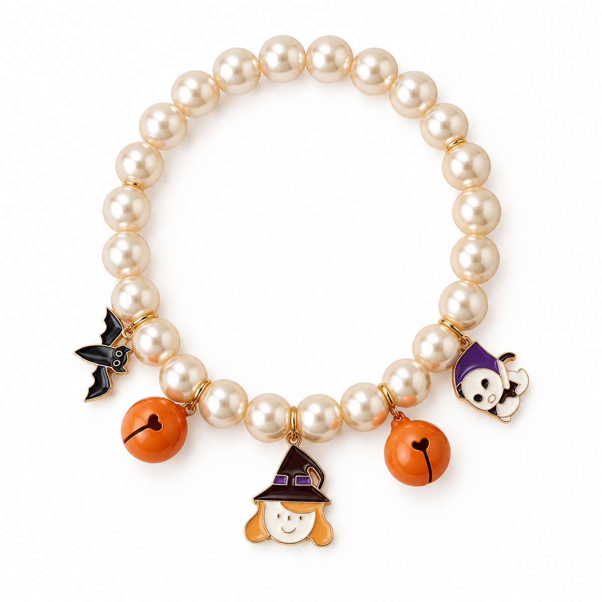 LitterBond Halloween Pearl Charm Necklace Little Witch on white background