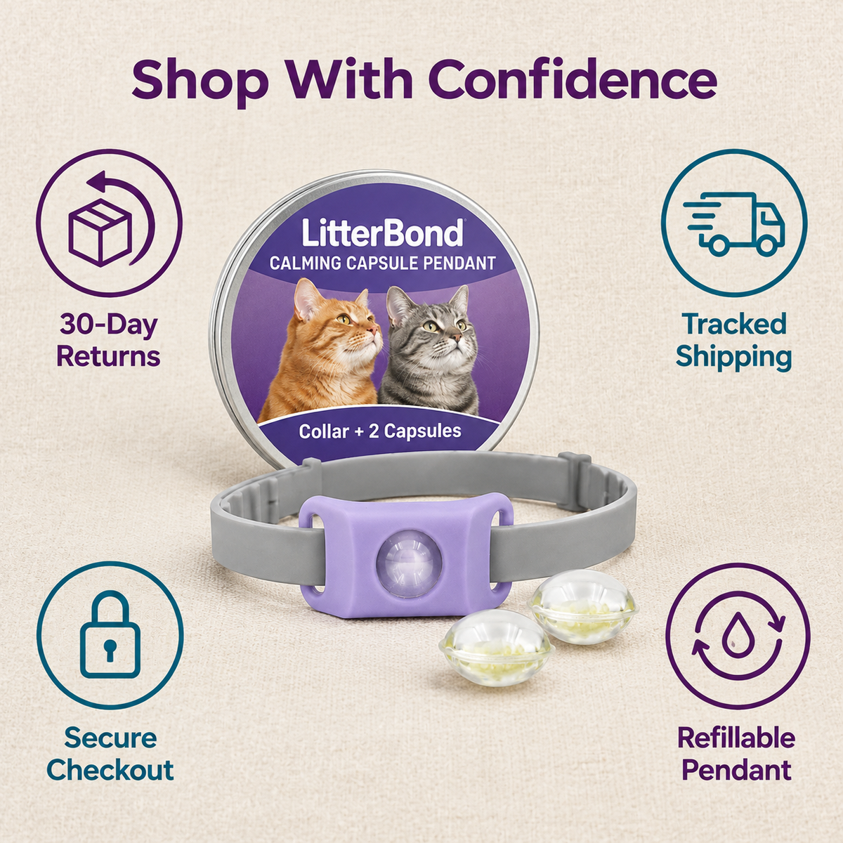 LitterBond Calming Collar Set collar + 2 capsules - 30-day returns, tracked shipping, secure checkout