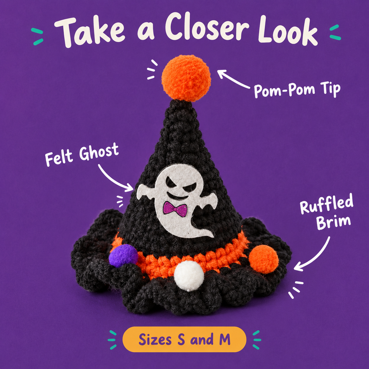 LitterBond Crochet Halloween Witch Hat - close-up details