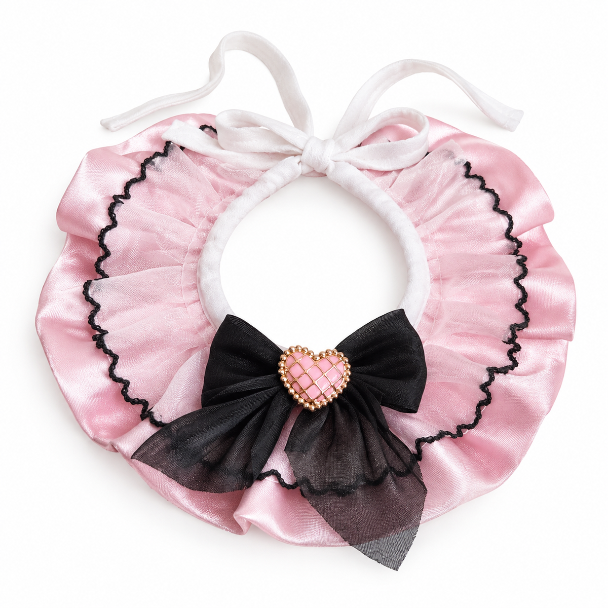 Pastel Fairy Satin Ruffle Bib - Pink & Black Bow