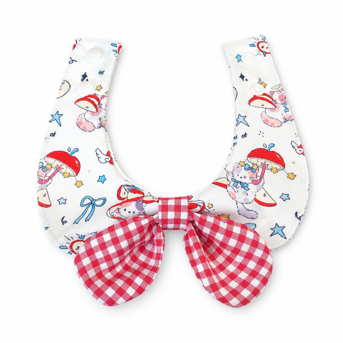 Printed Gingham Bow Bib - Red Gingham Kitty
