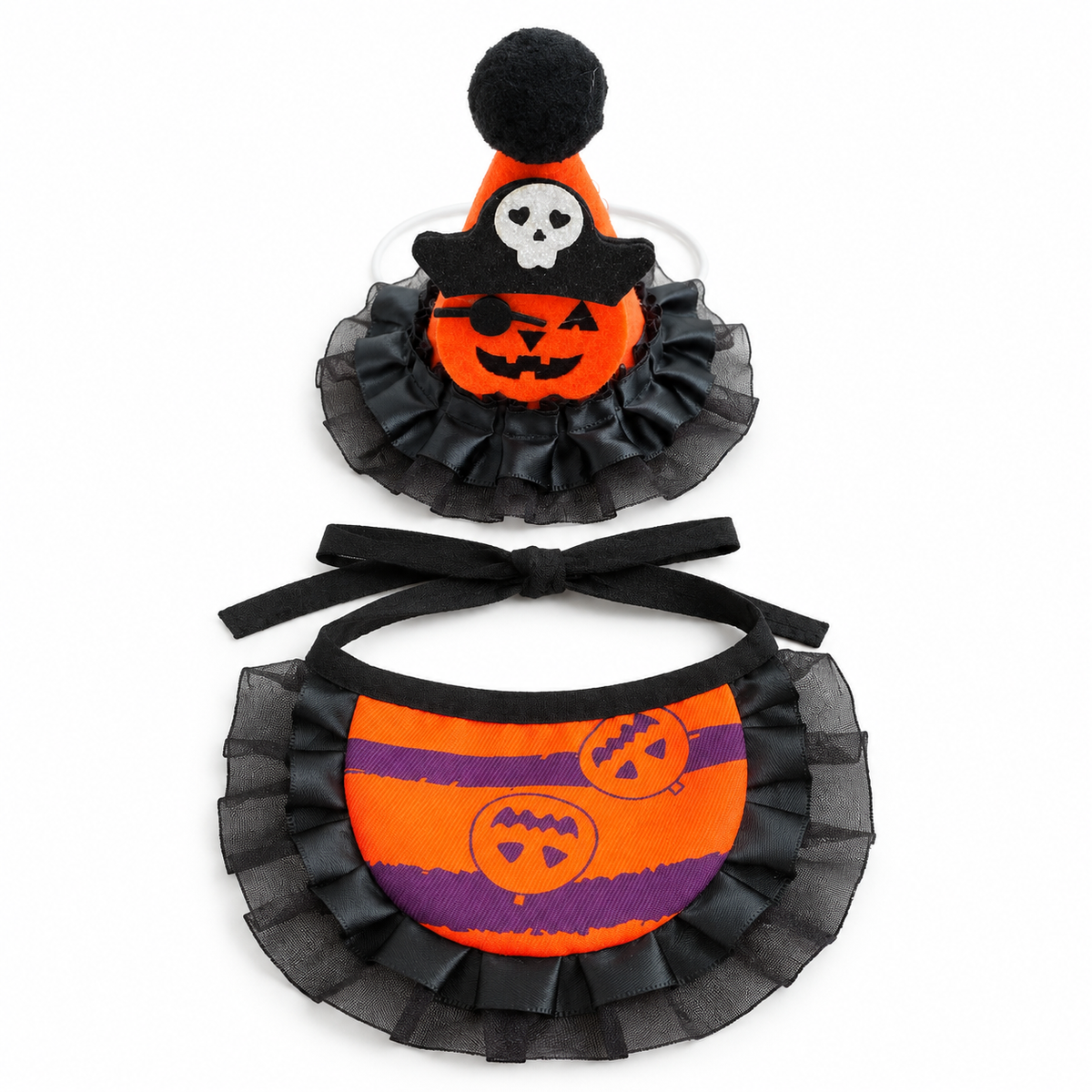 LitterBond Halloween Bib & Party Hat Set Orange Stripe on white background