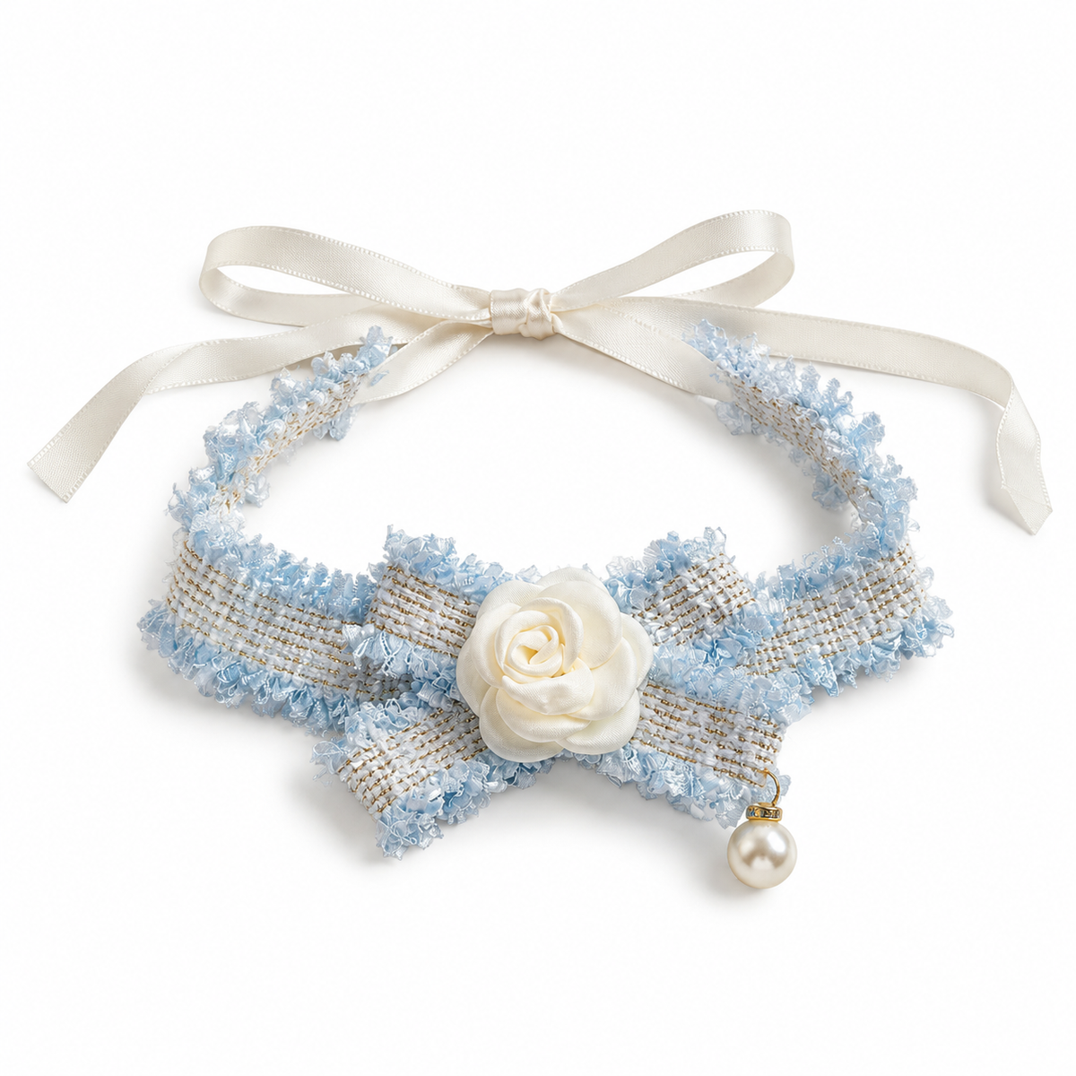 Tweed-Style Flower Ribbon Collar - Sky Blue Tweed