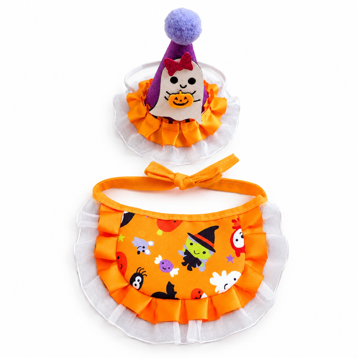 LitterBond Halloween Bib & Party Hat Set Orange Ghost on white background