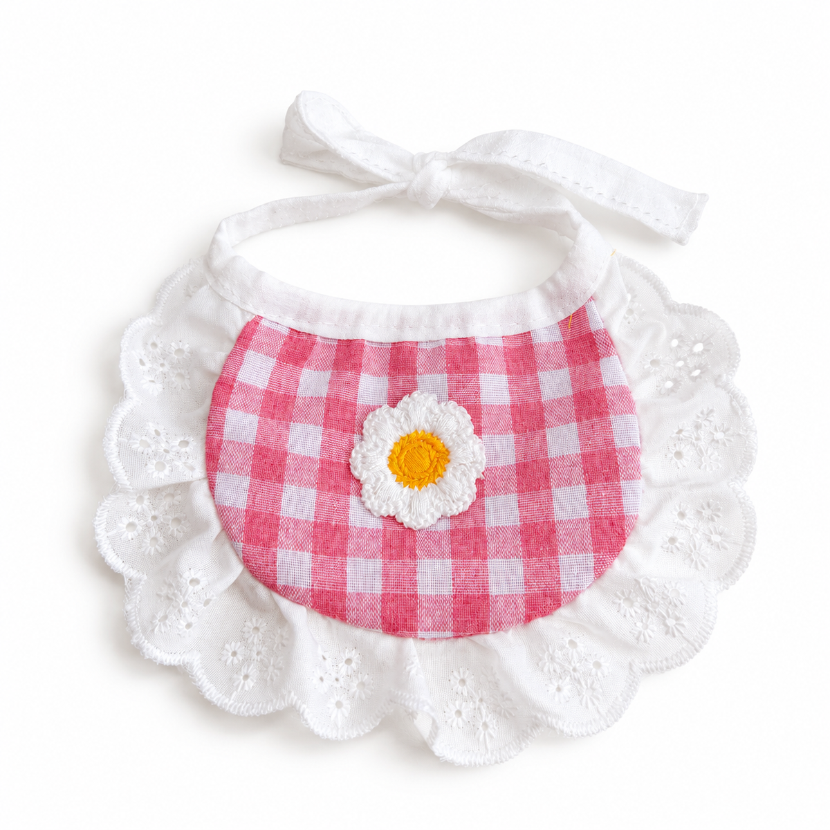 Daisy Gingham Lace Bib - Pink Gingham