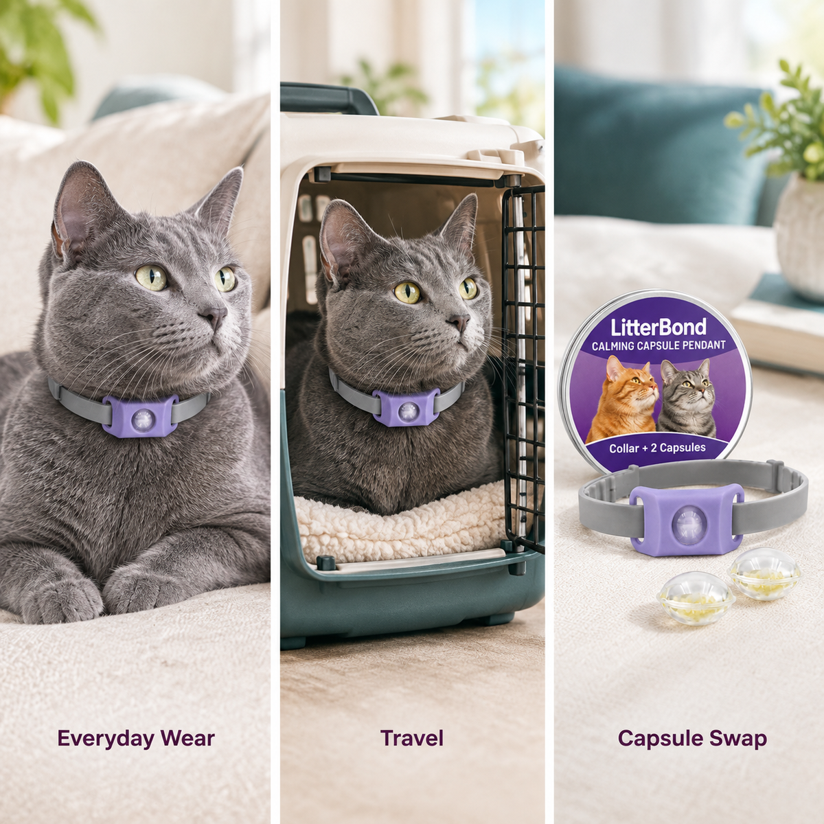 LitterBond Calming Collar Set collar + 2 capsules - three ways to use it