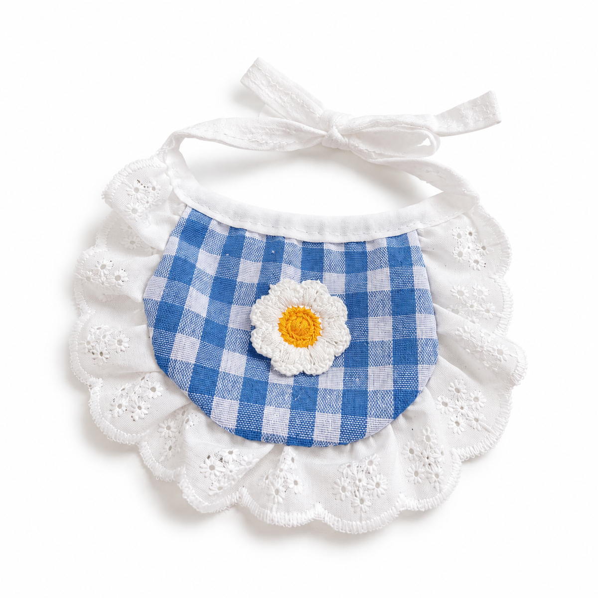 Daisy Gingham Lace Bib - Blue Gingham