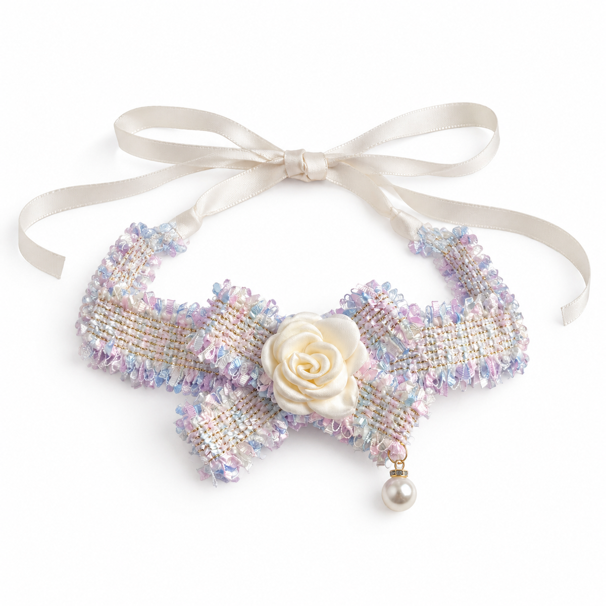 Tweed-Style Flower Ribbon Collar - Lilac Tweed