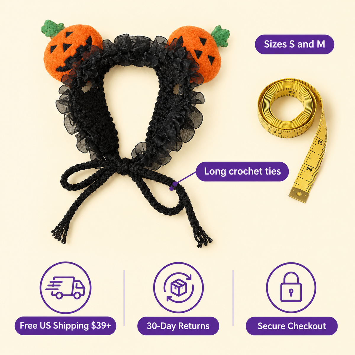 LitterBond Pumpkin & Rose Halloween Headpiece - size and store policies