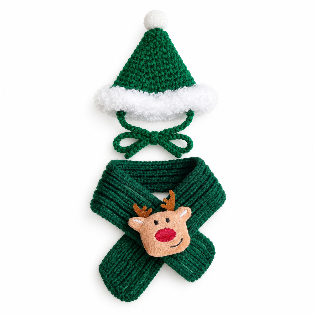 Crochet Christmas Hat & Knit Scarf Set - Green Reindeer Set