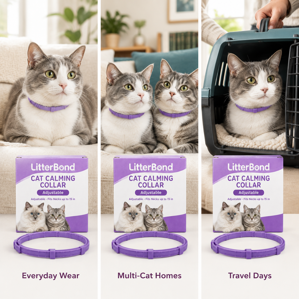LitterBond Calming Collar adjustable - three ways to use it