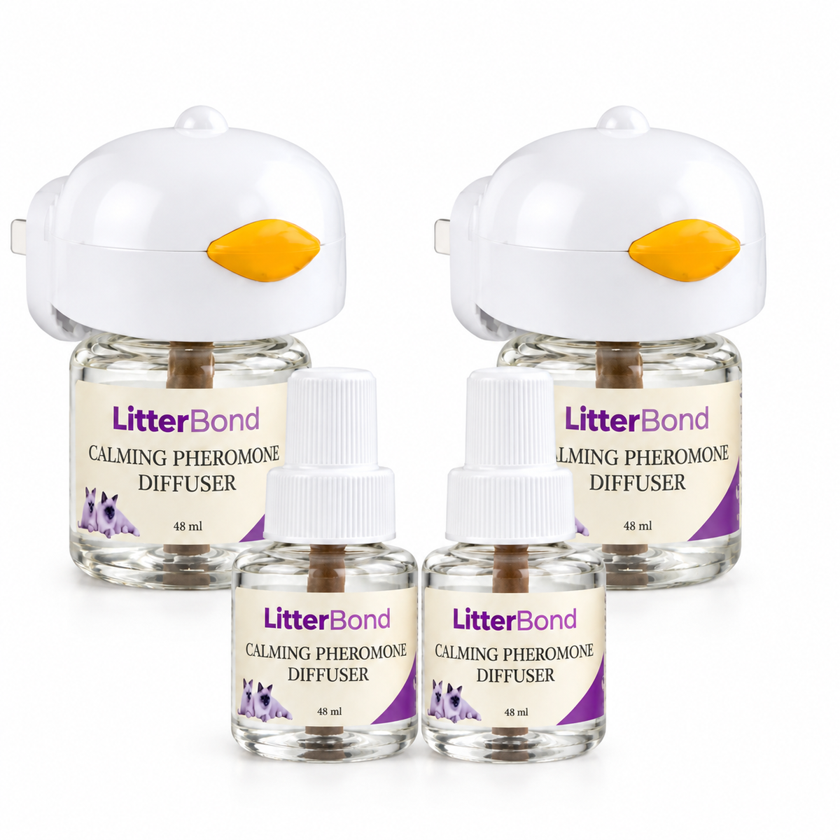 LitterBond Calming Diffuser 2-Room Kit 2 diffusers + 4 refills on white background