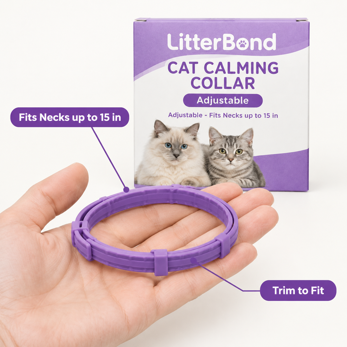 LitterBond Calming Collar adjustable - size and materials