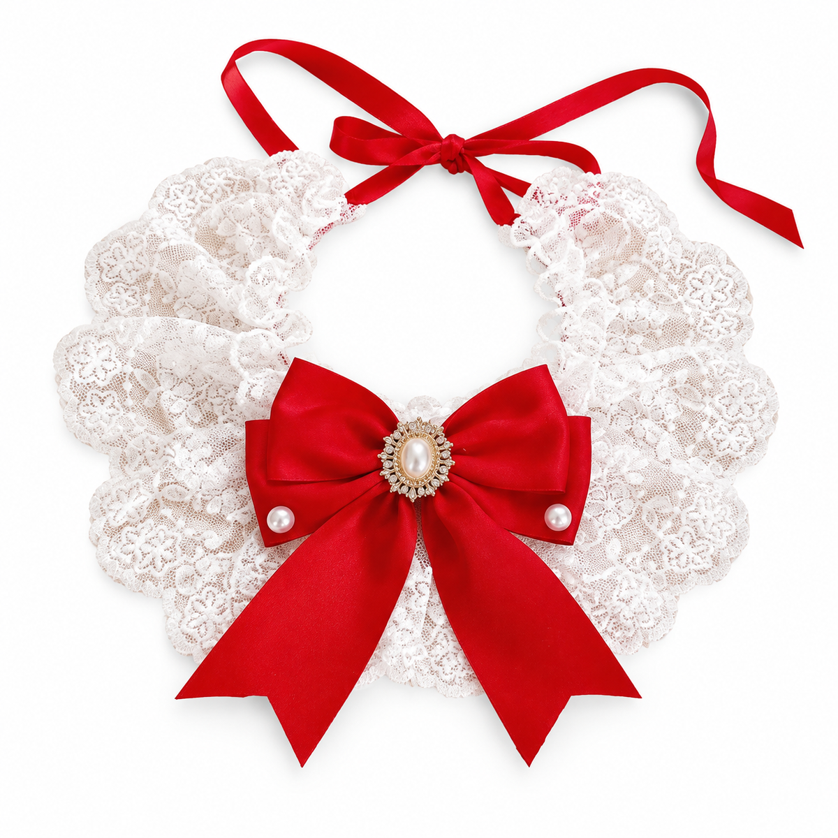 Pearl Center Lace Bow Ruffle - Red Satin Bow