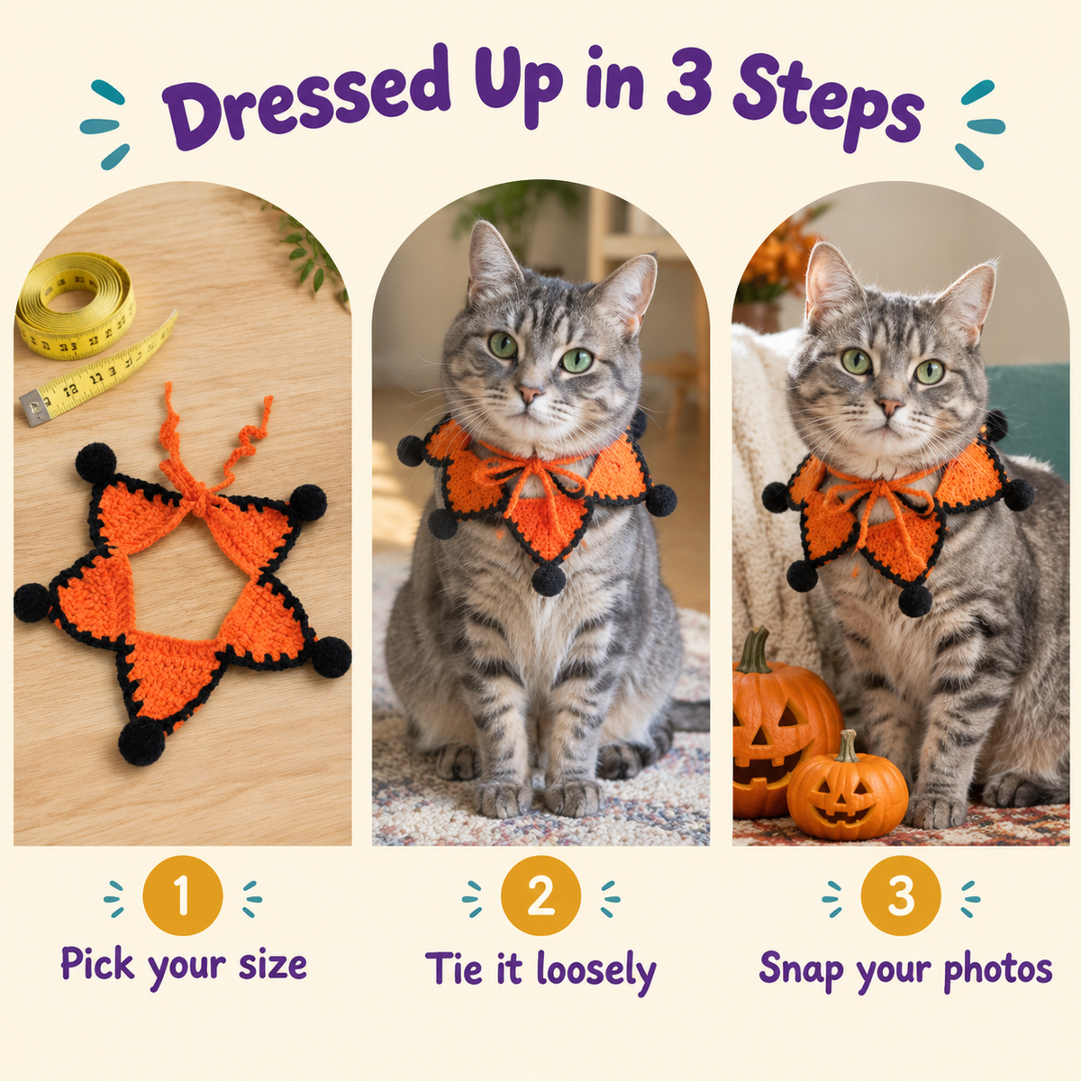 LitterBond Crochet Star Halloween Collar - how to put it on