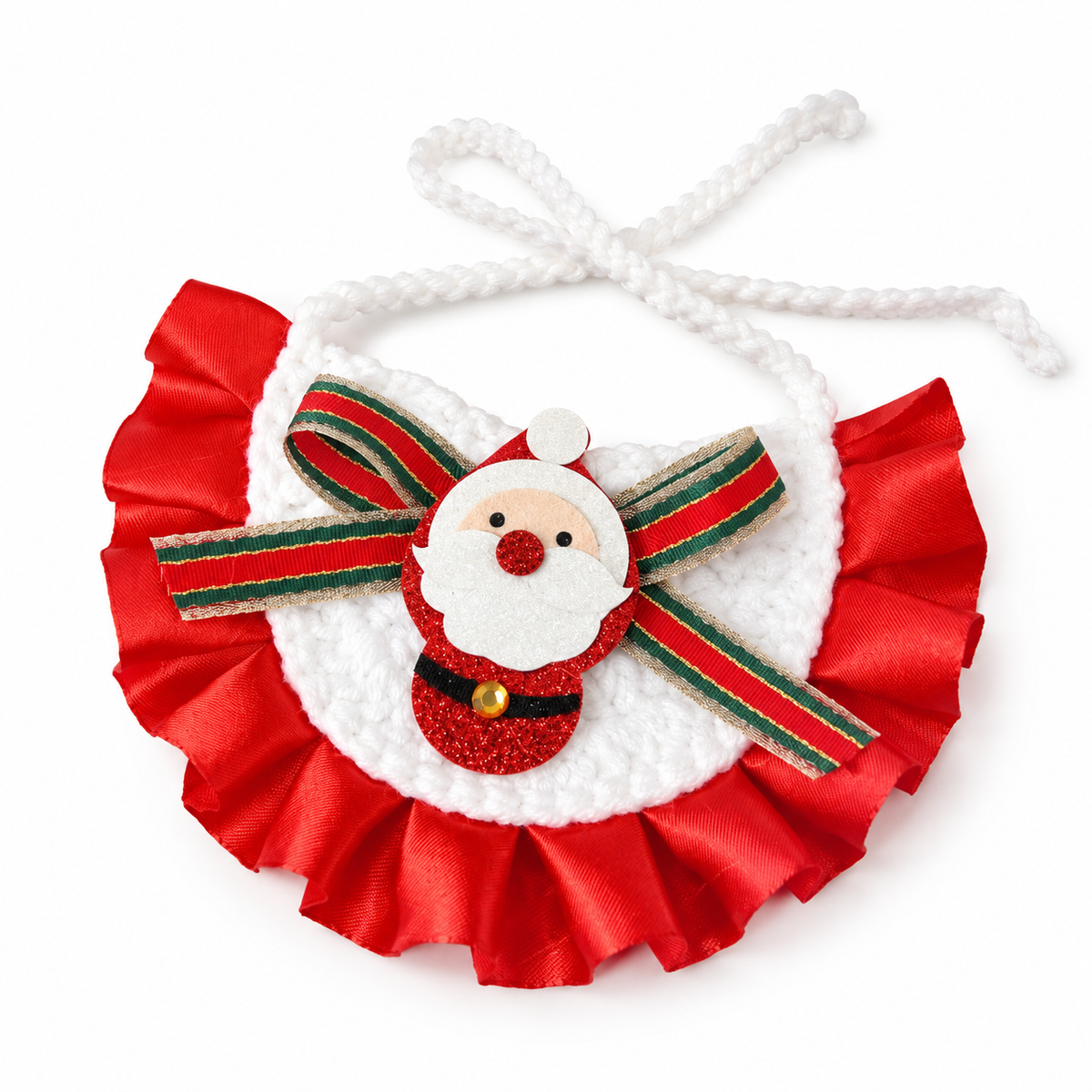 Glitter Patch Satin Ruffle Bib - Red Santa